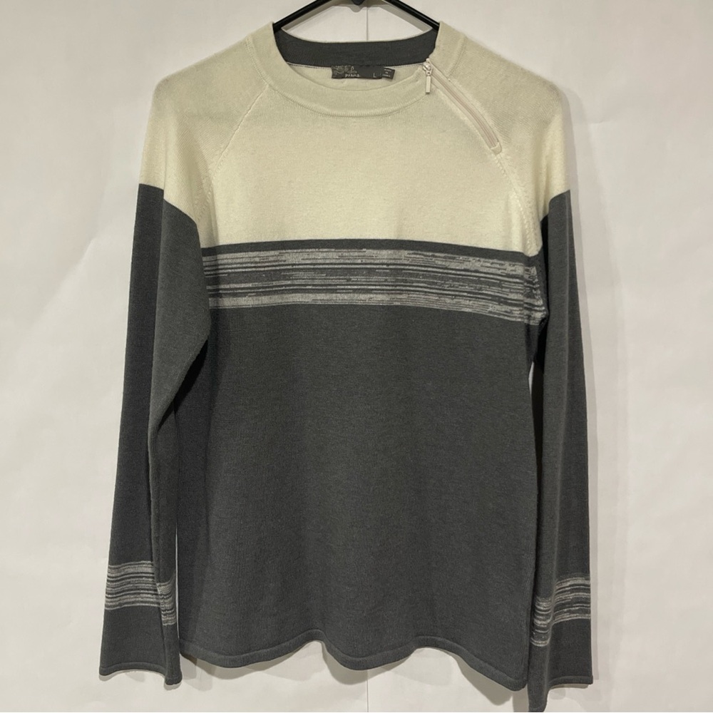Prana Long Sleeve Pullover Wool Blend Sweater Sz Large Gray & Ivory